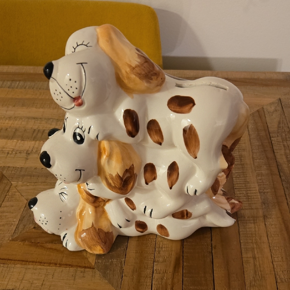 Giftcraft Whimsical Stacked Dog Ceramic Figurine Piggy Bank White and Brown